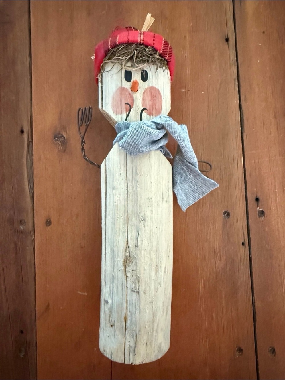 Handmade Rustic Snowman Wall Hanging - White with Red Hat